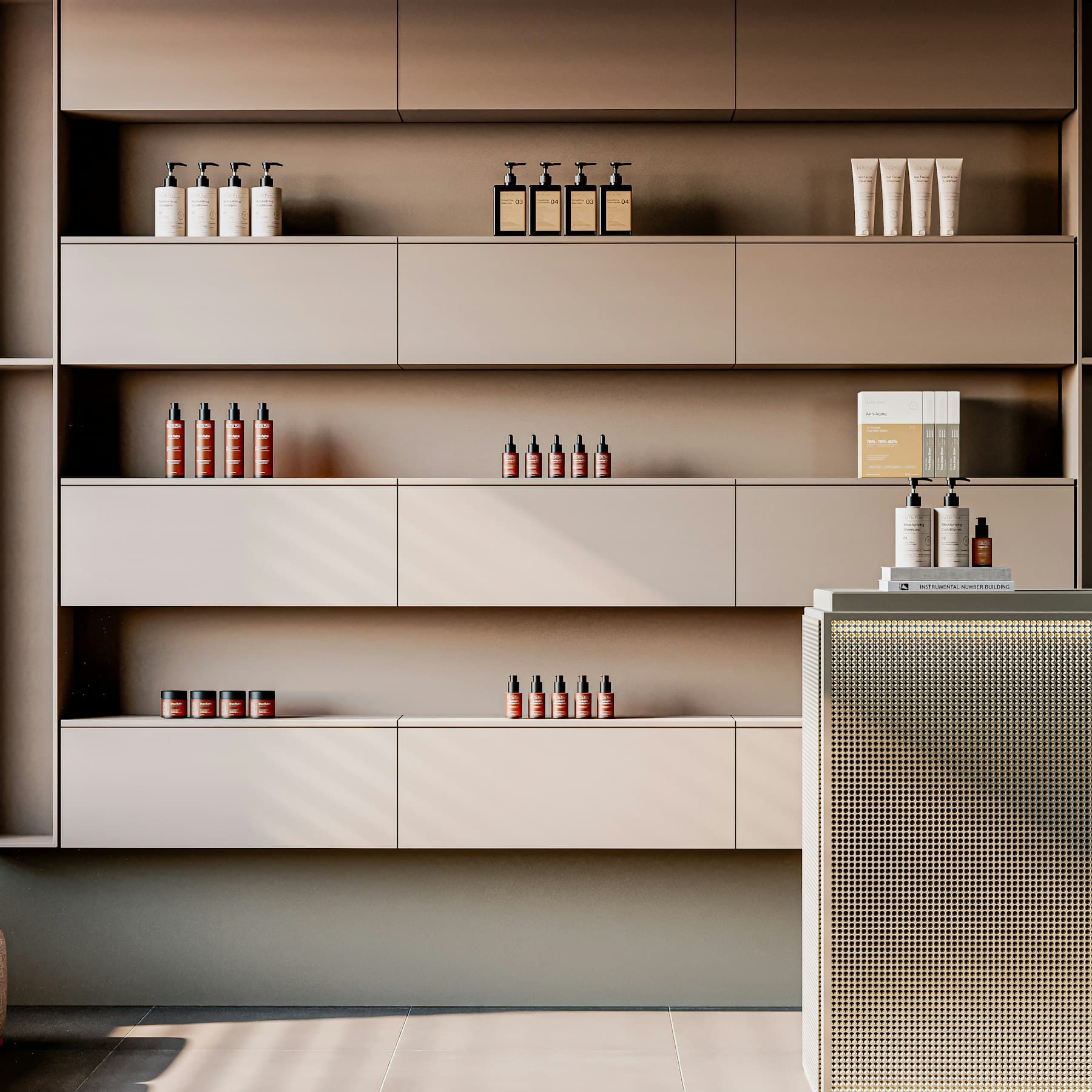 An empty med spa reception desk with skincare shelves